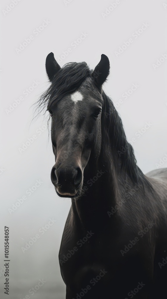 Fototapeta premium Close-Up Portrait of a Majestic Black Horse with a Star Marking