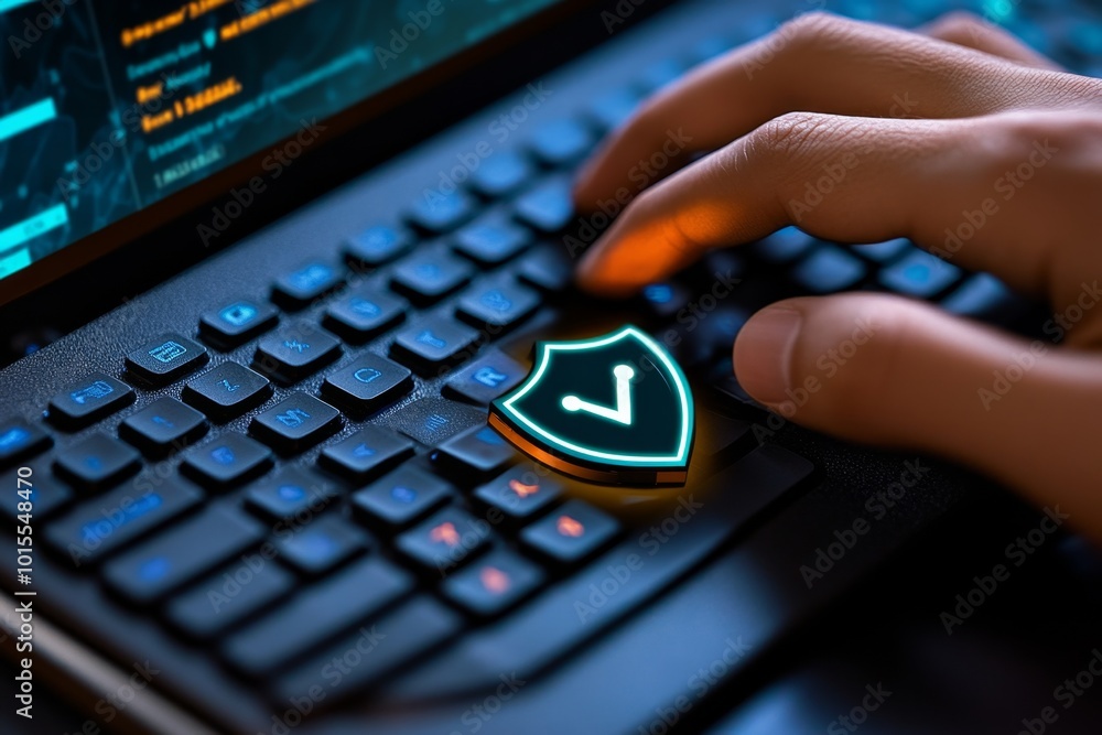 Realistic image of a person typing on a keyboard with a shield icon on the screen, representing secure online practices and information protection Realistic image of a person typing on a keyboard with a shield icon on the screen, representing secure online practices and information protection