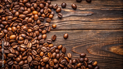 Roasted Coffee Beans Scattered on Rustic Wooden Surface