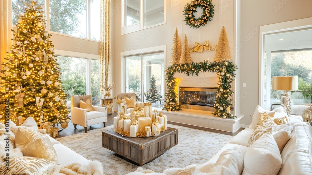 Fototapeta premium A sophisticated holiday scene in a spacious living room, decorated with gold accents and white Christmas decor, with a glowing tree and stylish, modern furniture. 