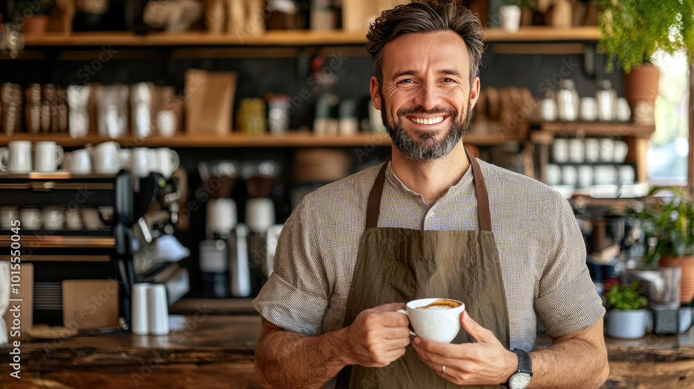 photo of a coffee shop owner in his cafe making coffee for the customer photo of a coffee shop owner in his cafe making coffee for the customer