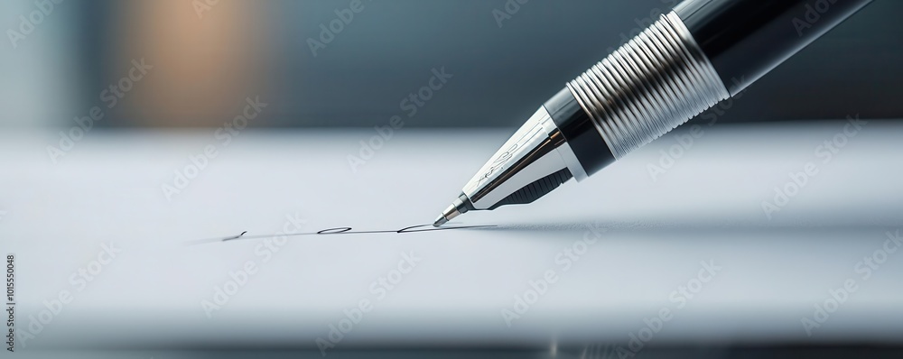 Fototapeta premium Close-up of a pen about to sign a contract, with focus on the signature line, symbolizing final agreement in negotiation, deal-making, communication
