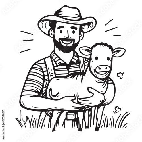 Farm Life Man embracing dairy cow in field wearing sun hat and smiling happily stock image vector