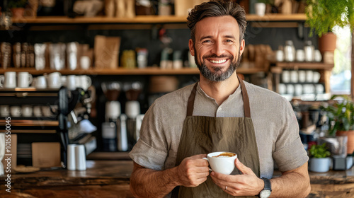 photo of a coffee shop owner in his cafe making coffee for the customer 