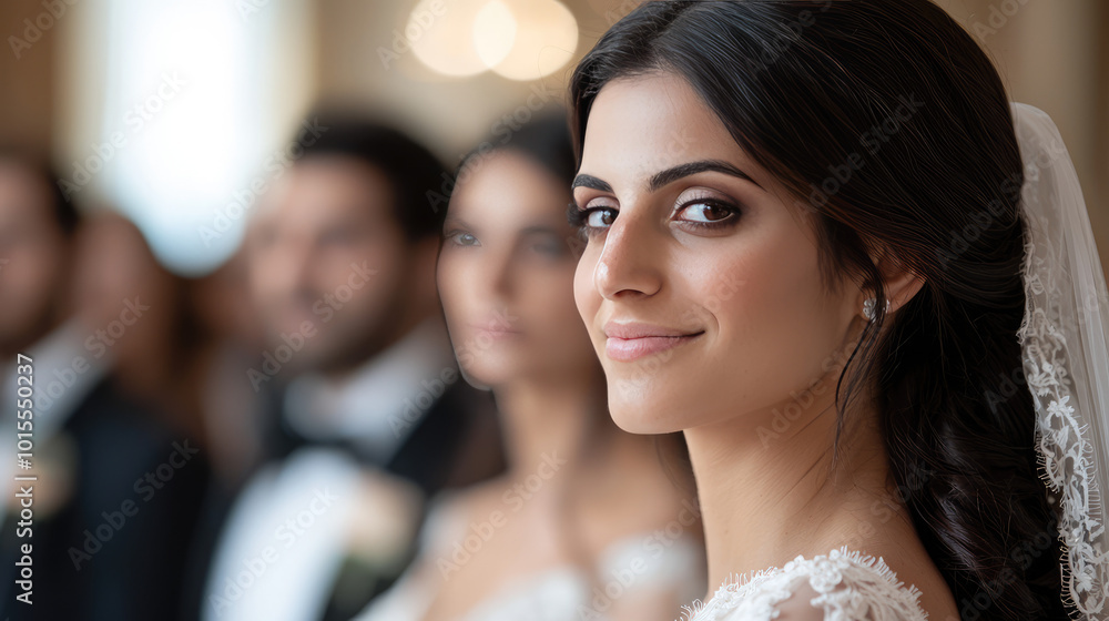 wedding photography of the indian bride and groom, the picture focus on smiling bride and let the groom out of focus wedding photography of the indian bride and groom, the picture focus on smiling bride and let the groom out of focus