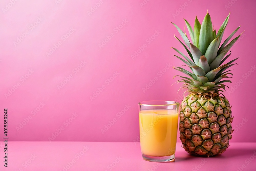 Fruit juice with whole pineapple on vibrant pink background Fruit juice with whole pineapple on vibrant pink background