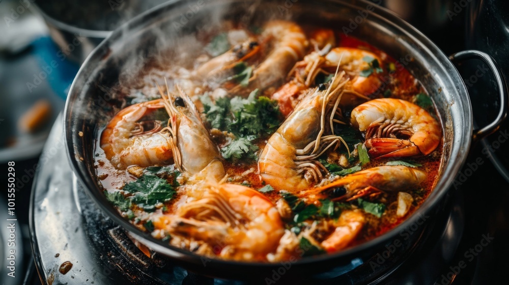Fresh Shrimp in Spicy Broth Cooking in a Pot Fresh Shrimp in Spicy Broth Cooking in a Pot