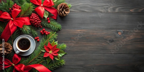 A Cup of Coffee Surrounded by Festive Decorations,  A Cozy Winter Scene on a Rustic Wooden Table photo