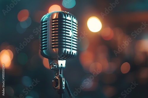 Retro microphone on the stage in a nightclub, close up.