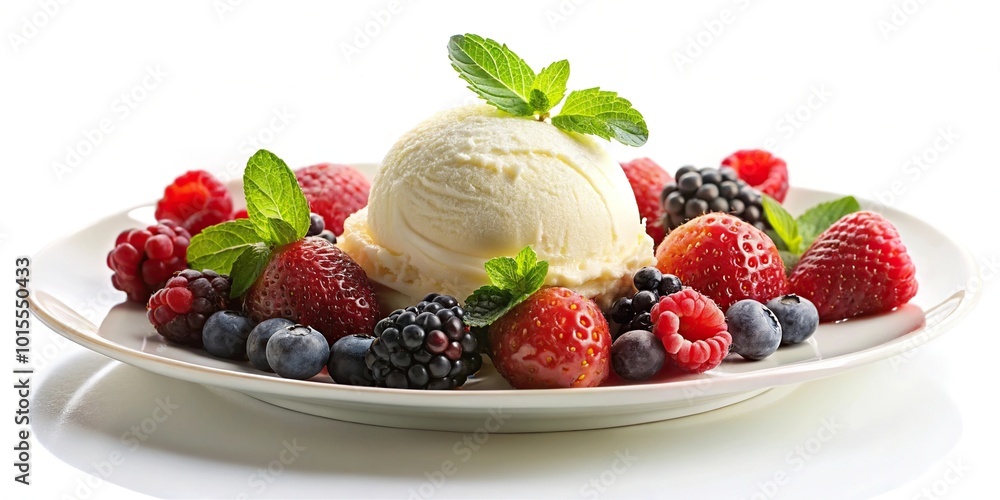 Fruit topped vanilla ice cream scoop on plate Fruit topped vanilla ice cream scoop on plate