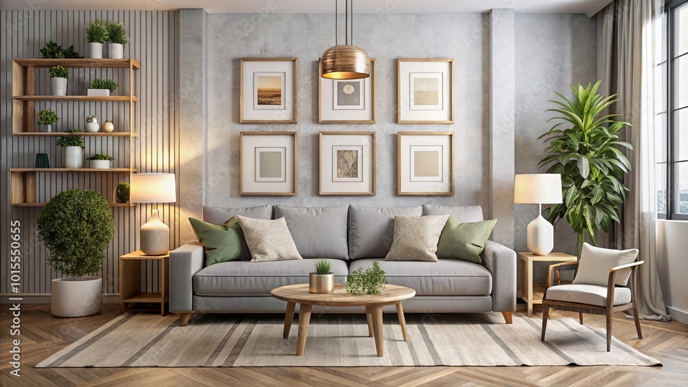 Fototapeta premium A cozy living room with a gray sofa, wooden coffee table, and an array of green plants, illuminated by a hanging gold pendant lamp and table lamps, showcasing a minimalist design aesthetic