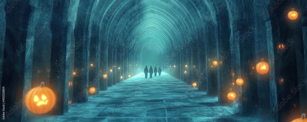 Naklejka premium A hauntingly beautiful hallway illuminated by glowing pumpkins, creating an eerie yet enchanting atmosphere for Halloween.
