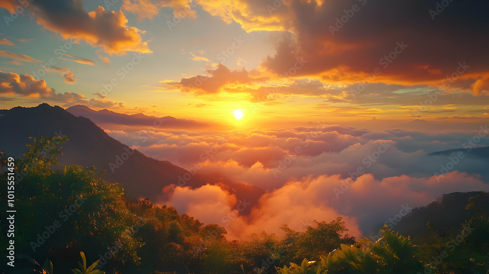 Golden Sunset Over Mountains and Clouds - Realistic Image Golden Sunset Over Mountains and Clouds - Realistic Image