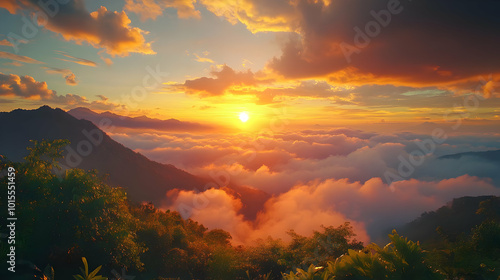 Golden Sunset Over Mountains and Clouds - Realistic Image