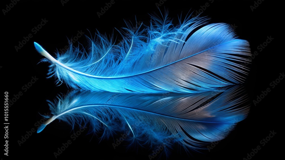 Naklejka premium A single blue feather suspended in the air with a dark background, casting a mirrored reflection underneath it.