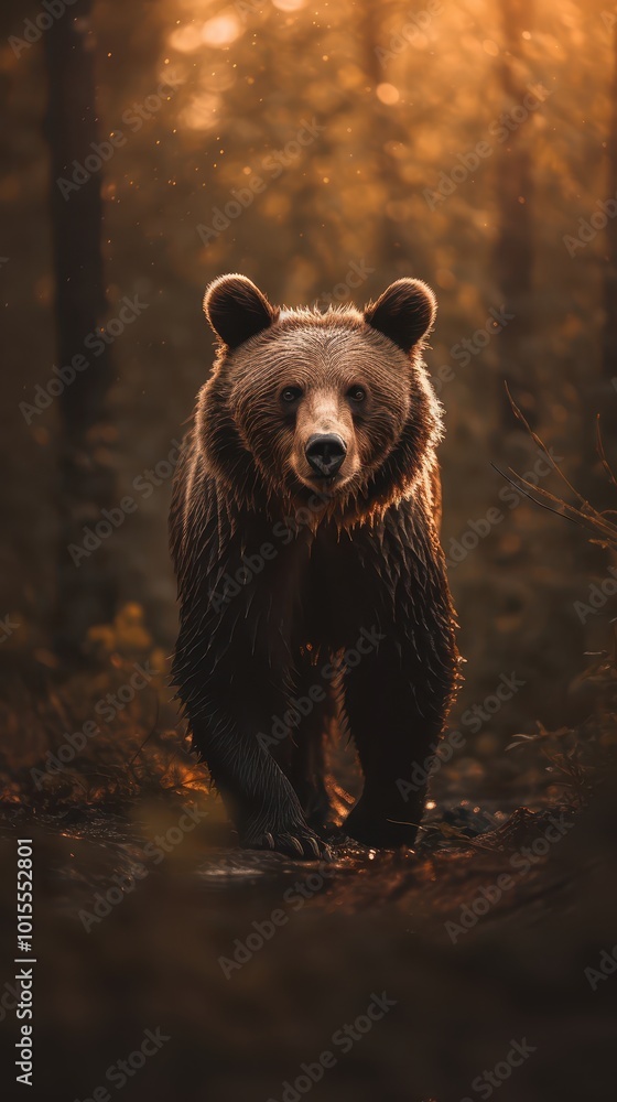 Obraz premium Powerful Brown Bear Walking in Sunlit Forest at Dusk