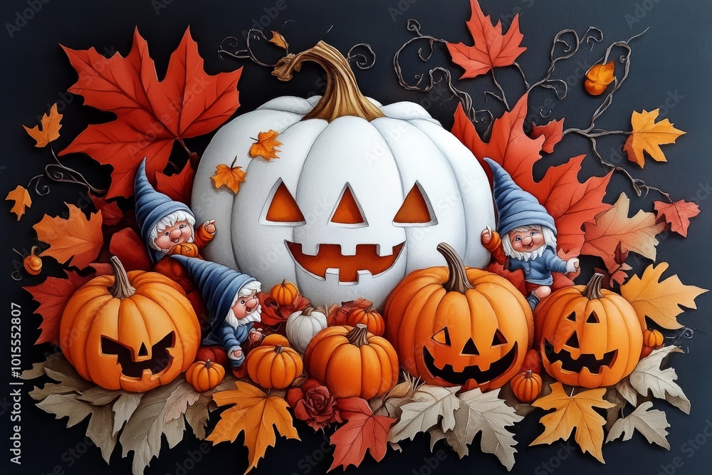 Watercolor scene of gnome children playing in a magical pumpkin patch during a Halloween festival, with soft tones capturing the enchantment of the holiday Watercolor scene of gnome children playing in a magical pumpkin patch during a Halloween festival, with soft tones capturing the enchantment of the holiday