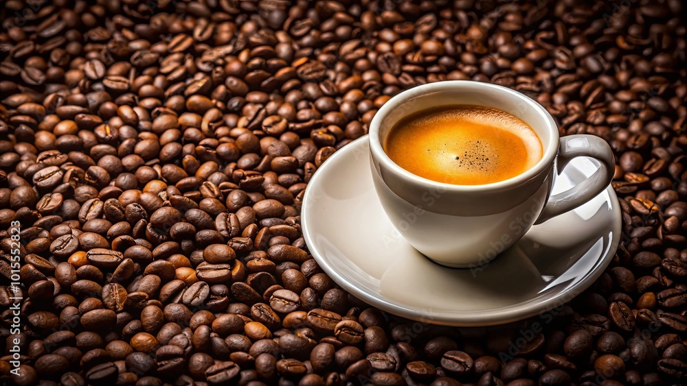 A cup of espresso nestled in a sea of roasted coffee beans, a tempting invitation to savor the rich aroma and bold flavor. A cup of espresso nestled in a sea of roasted coffee beans, a tempting invitation to savor the rich aroma and bold flavor.
