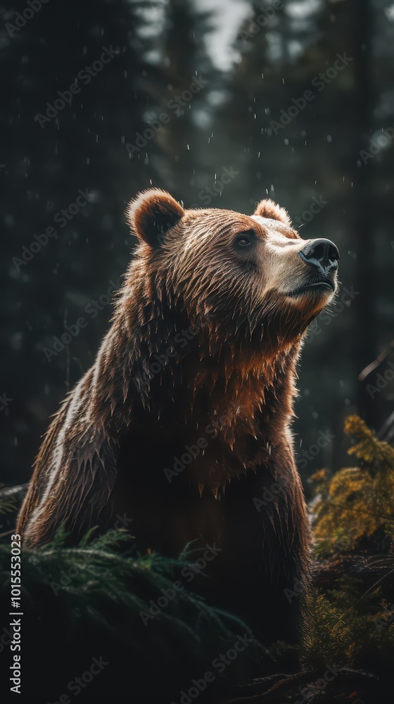 Fototapeta premium Majestic Brown Bear Resting in Sunlit Forest Landscape
