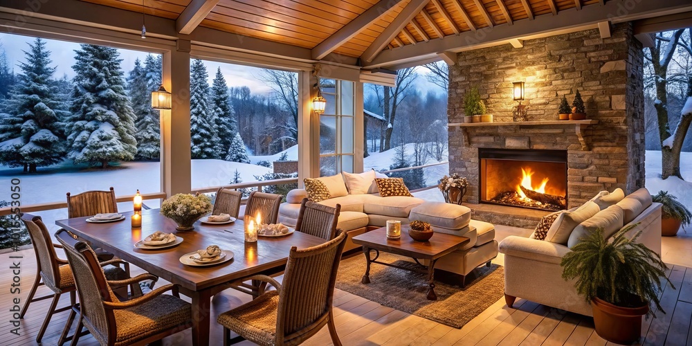 Fototapeta premium A Cozy Enclave Warmth Embraces a Winter Scene Through Expansive Windows, Offering Comfort and Serenity in a Beautifully Furnished Sunroom