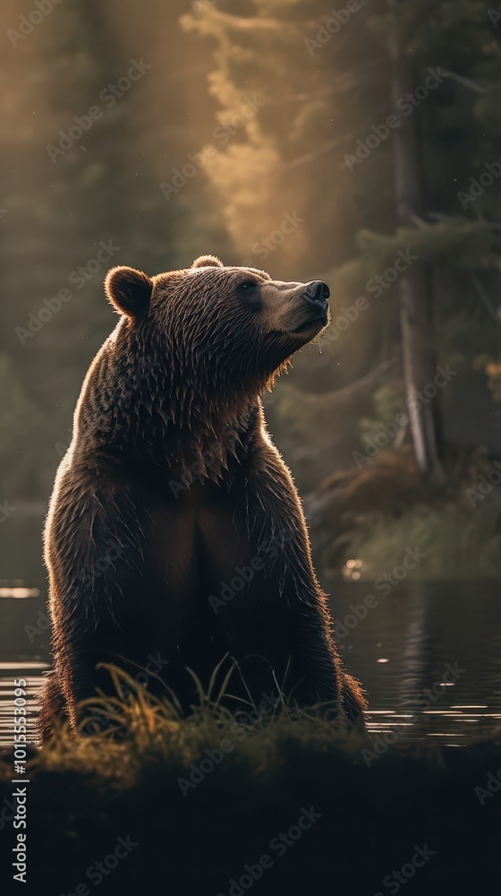 Obraz premium Majestic Brown Bear Resting in Sunlit Forest Landscape