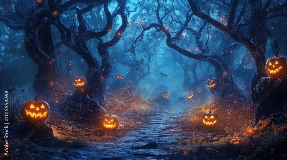 Eerie Halloween scene with glowing pumpkins in a misty forest, creating a spooky atmosphere perfect for fall festivities. Eerie Halloween scene with glowing pumpkins in a misty forest, creating a spooky atmosphere perfect for fall festivities.