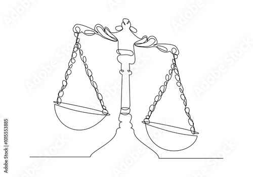 Continuous single line sketch drawing of gavel law balance and scale of justice equilibrium equality judgment. Libra icon one line vector illustration