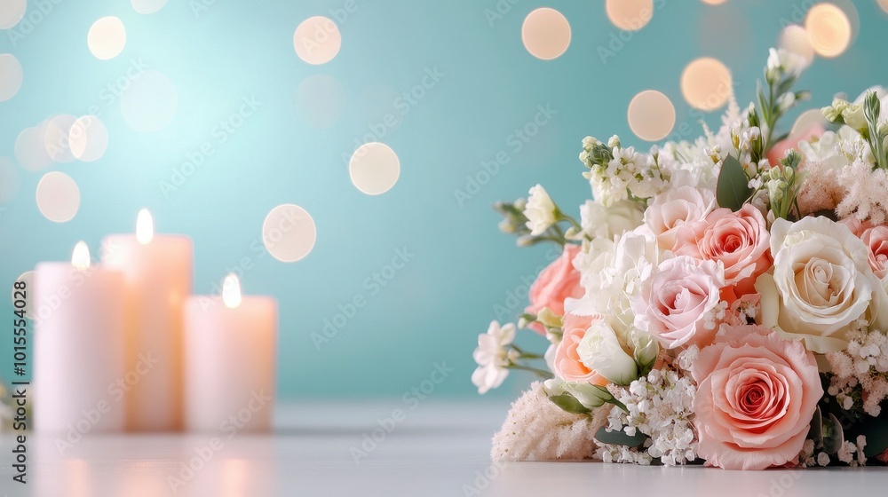 A bouquet of flowers beside lit candles, creating a serene and romantic atmosphere. A bouquet of flowers beside lit candles, creating a serene and romantic atmosphere.