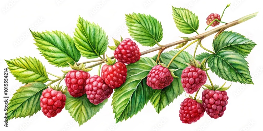 A Hand-Painted Watercolor Illustration of a Raspberry Branch Adorned with Lush Green Leaves and a Cluster of Ripe, Juicy Raspberries A Hand-Painted Watercolor Illustration of a Raspberry Branch Adorned with Lush Green Leaves and a Cluster of Ripe, Juicy Raspberries