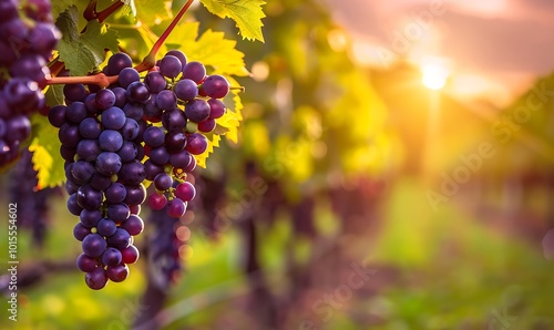 Ripe grapes in vineyard at sunset. Ripe grapes in vineyard.