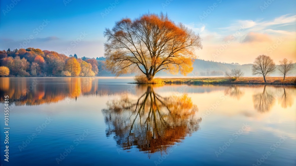 custom made wallpaper toronto digitalA solitary tree with golden foliage stands tall against the backdrop of a serene lake, its reflection mirrored in the tranquil water.