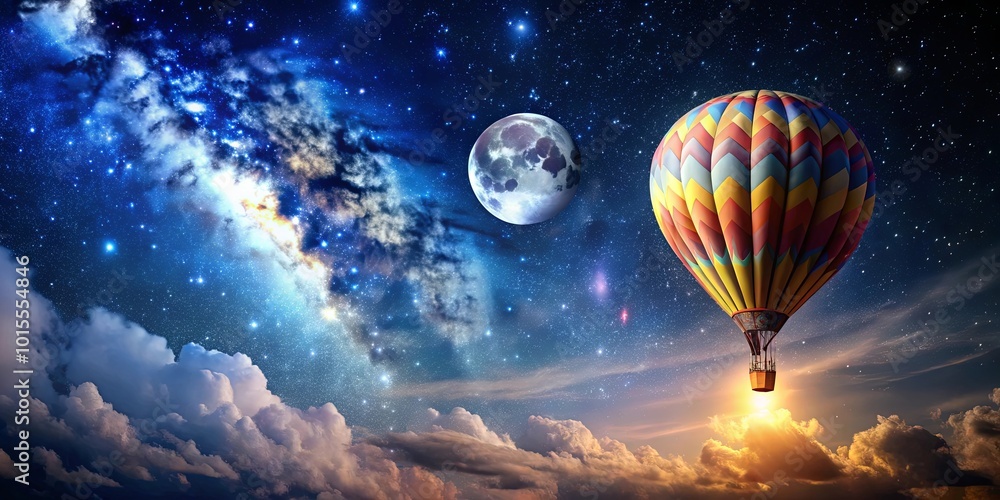 Naklejka premium A vibrant hot air balloon ascends through a celestial tapestry, with a luminous moon illuminating the night sky filled with twinkling stars.