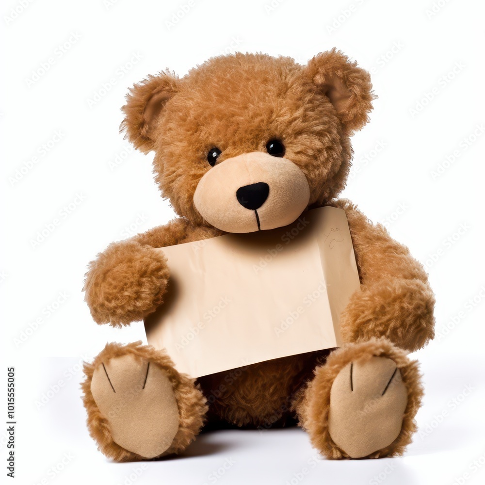 Obraz premium Cute Teddy Bear Holding Blank Paper - Editable Message for Kids and Gifts