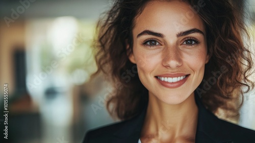 Wallpaper Mural Confident Woman with Curly Hair Smiling Brightly Torontodigital.ca