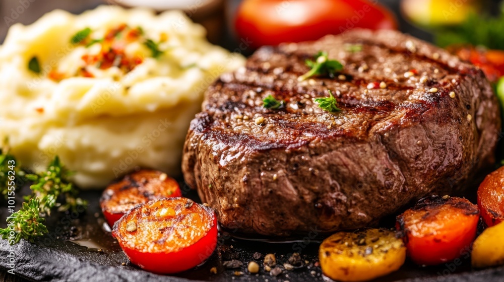 Juicy Steak with Mashed Potatoes and Grilled Vegetables Juicy Steak with Mashed Potatoes and Grilled Vegetables