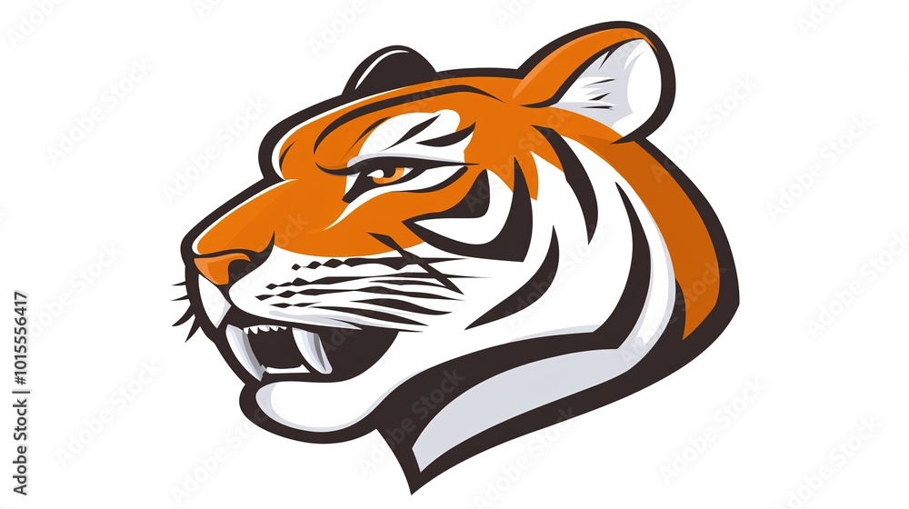 Fototapeta premium Detailed and fierce tiger head illustration on a white background, showcasing the majestic features and intense gaze of the powerful predator. The sharp details of the tiger's fur, stripes, 