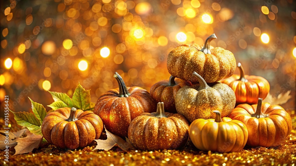 Golden Gleam of Autumnal Bounty A Festive Arrangement of Pumpkins Nestled Among Delicate Leaves and Shimmering Lights Golden Gleam of Autumnal Bounty A Festive Arrangement of Pumpkins Nestled Among Delicate Leaves and Shimmering Lights