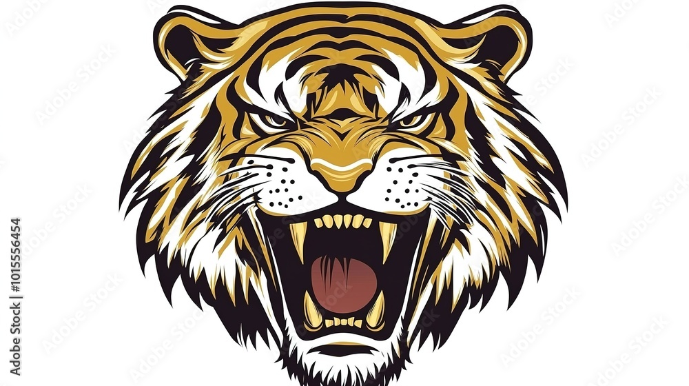 Detailed and fierce tiger head illustration on a white background, showcasing the majestic features and intense gaze of the powerful predator. The sharp details of the tiger's fur, stripes, Detailed and fierce tiger head illustration on a white background, showcasing the majestic features and intense gaze of the powerful predator. The sharp details of the tiger's fur, stripes,