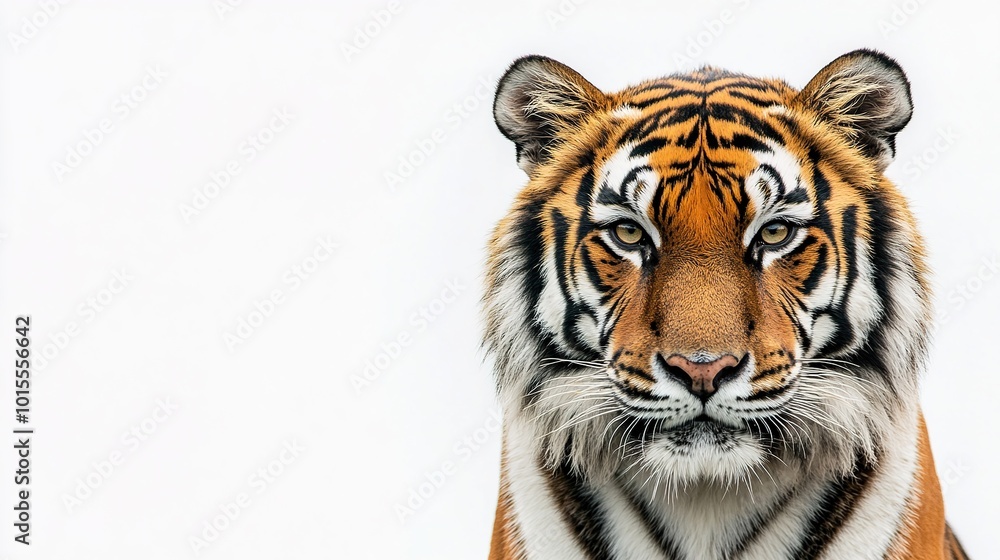Fototapeta premium Detailed and fierce tiger head illustration on a white background, showcasing the majestic features and intense gaze of the powerful predator. The sharp details of the tiger's fur, stripes, 