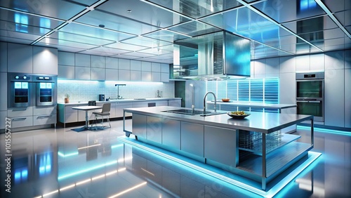 Fototapeta Naklejka Na Ścianę i Meble -  futuristic kitchen with holographic displays and molecular gastronomy tools