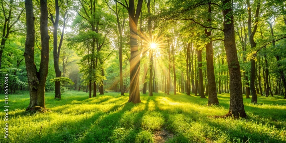 Obraz premium Sunlight Dappled Through Canopy Of Lush Green Trees Creating A Serene Atmosphere In An Enchanted Forest