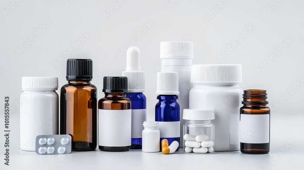 A collection of various medicine bottles and pills arranged on a neutral background. A collection of various medicine bottles and pills arranged on a neutral background.