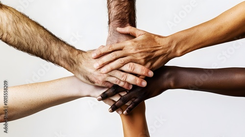 Four Diverse Hands Interlocked in a Symbol of Unity photo