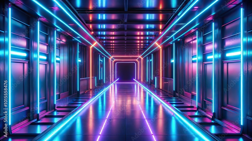 Futuristic neon lights forming a corridor with depth of field Futuristic neon lights forming a corridor with depth of field