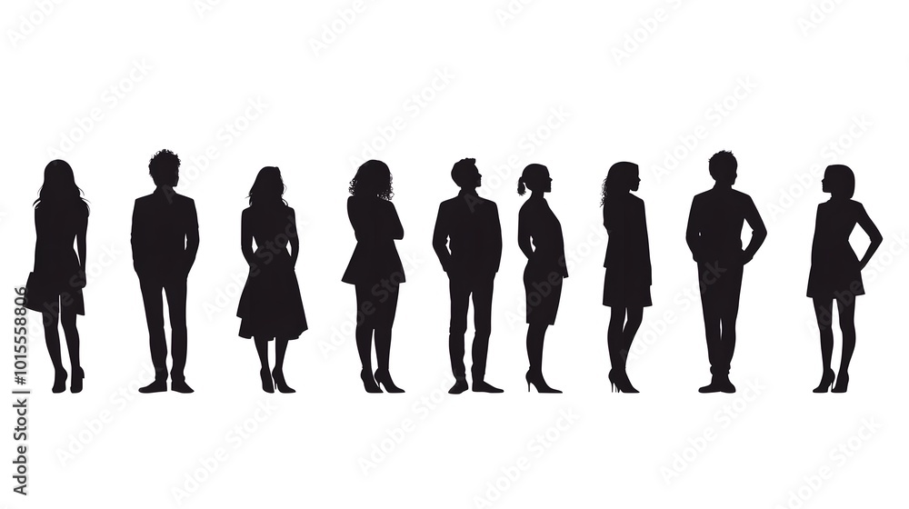 Silhouettes of eight people in various poses Silhouettes of eight people in various poses