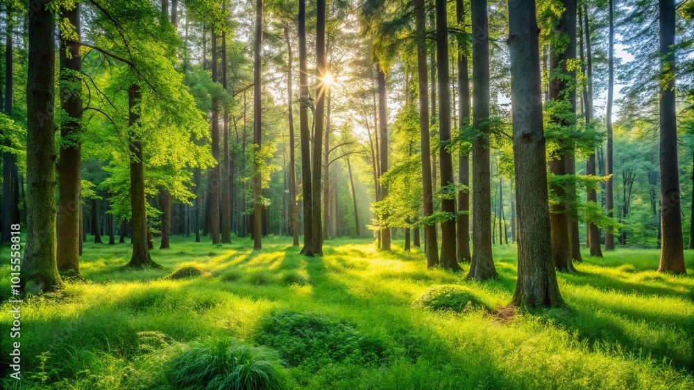 Obraz premium Sunbeams filtering through a canopy of vibrant green leaves, illuminating the forest floor with dappled light, casting long shadows from the towering trees, creating a sense of tranquility and peace