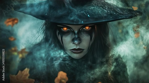 Mystical witch with glowing eyes and a dark hat, surrounded by swirling mist and autumn leaves, creating an enchanting atmosphere.