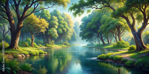 A serene river winds through a dense forest, sunlight filtering through the canopy and casting dappled patterns on the tranquil waters.