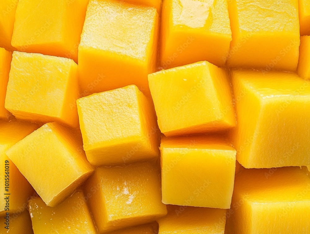 A close-up of a mango cut into cubes, showing its juicy, vibrant yellow interior A close-up of a mango cut into cubes, showing its juicy, vibrant yellow interior