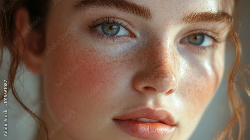 Fototapeta premium Close-up of a Young Woman with Freckles and Smooth Skin